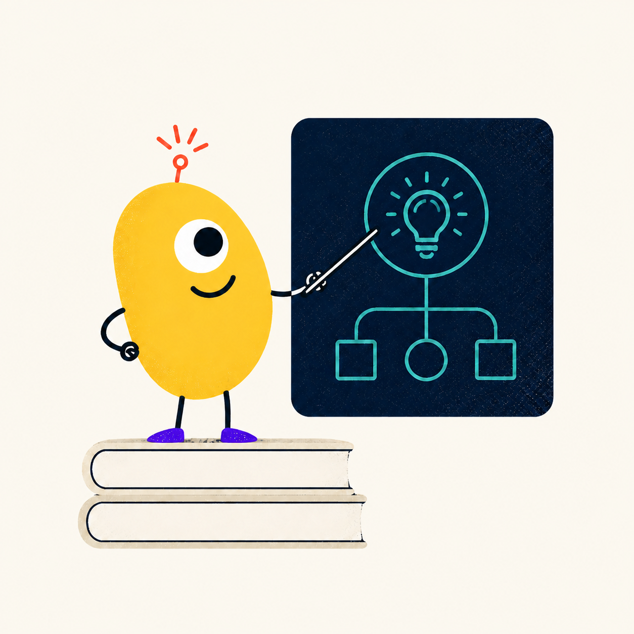 Brali mascot teaching from a stack of books