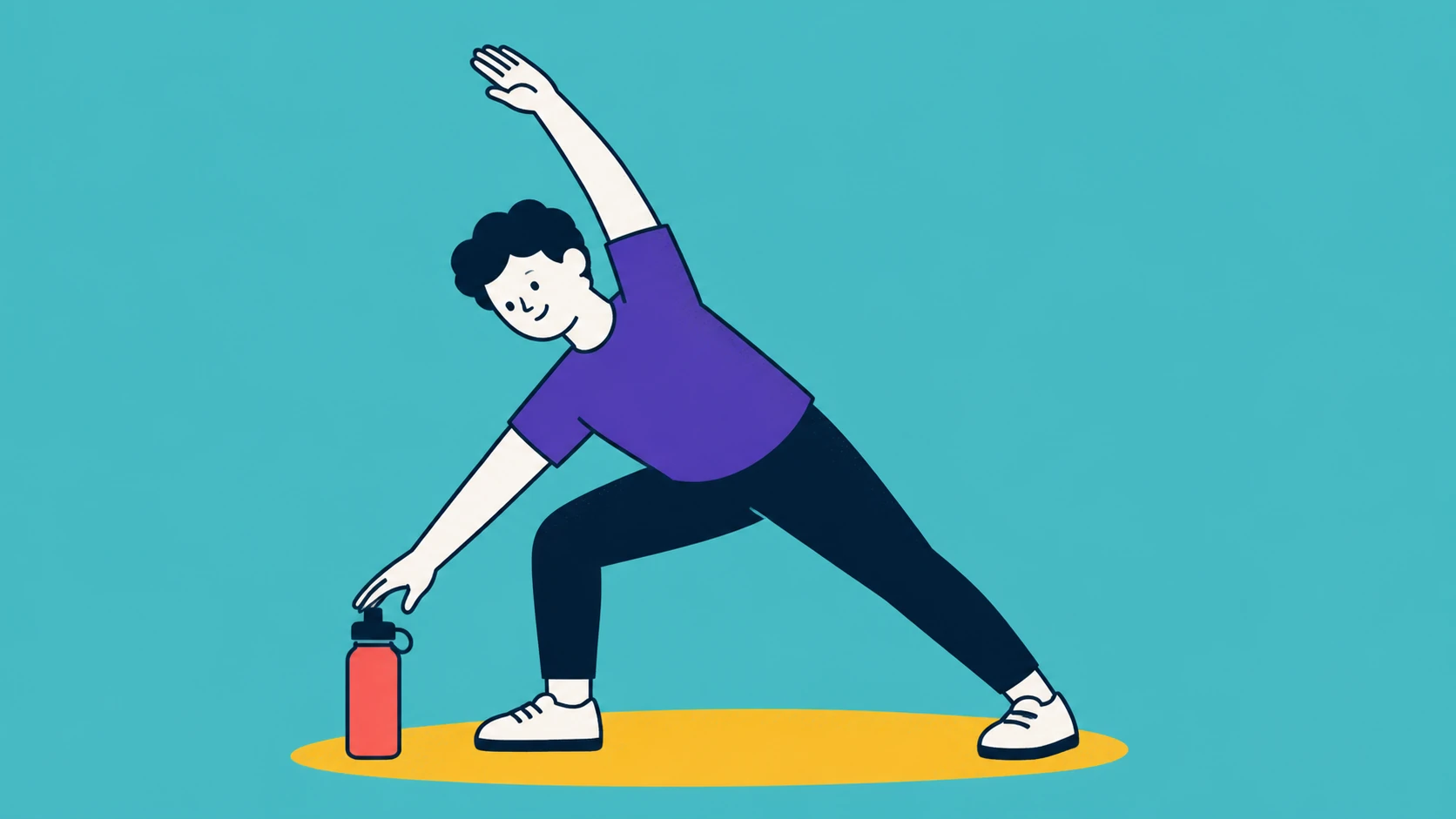 A person beginning a simple stretch beside a water bottle
