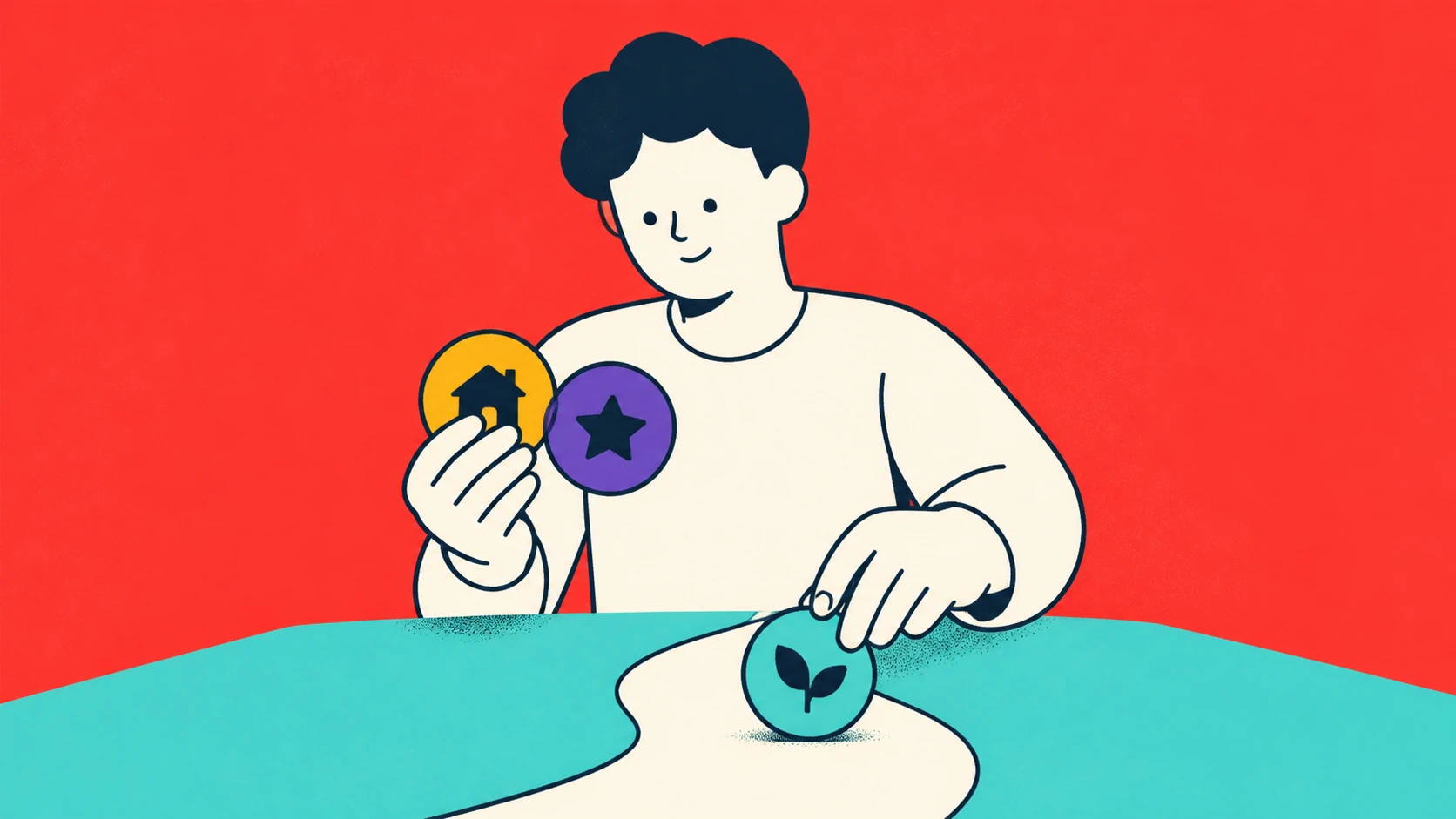 A person comparing options and placing one choice onto a path