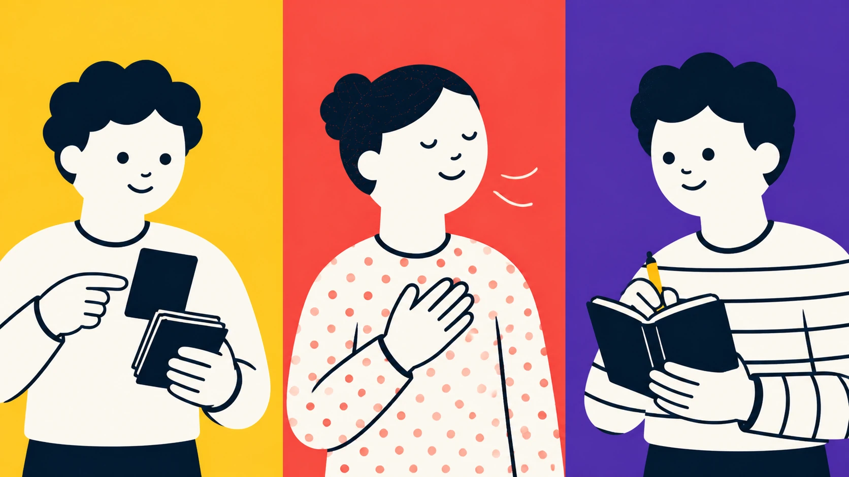 Three people choosing one action, pausing to try it, and recording an observation